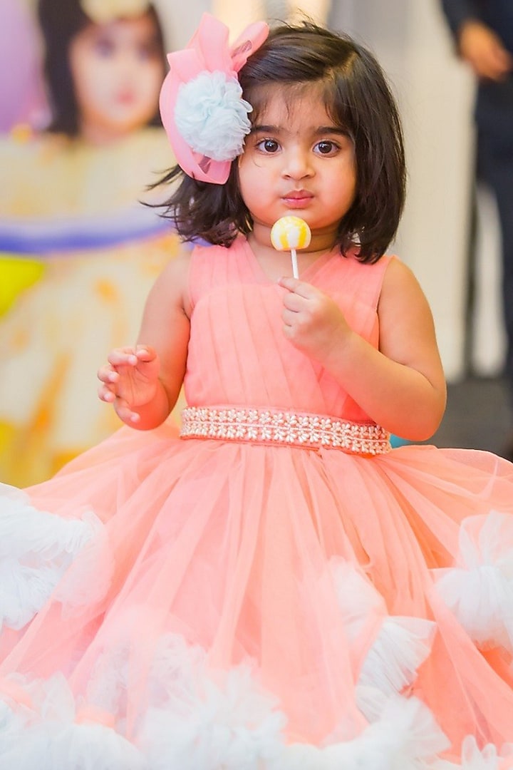 Peach Net & Dupion Gown For Girls by Li'l Angels at Pernia's Pop Up Shop