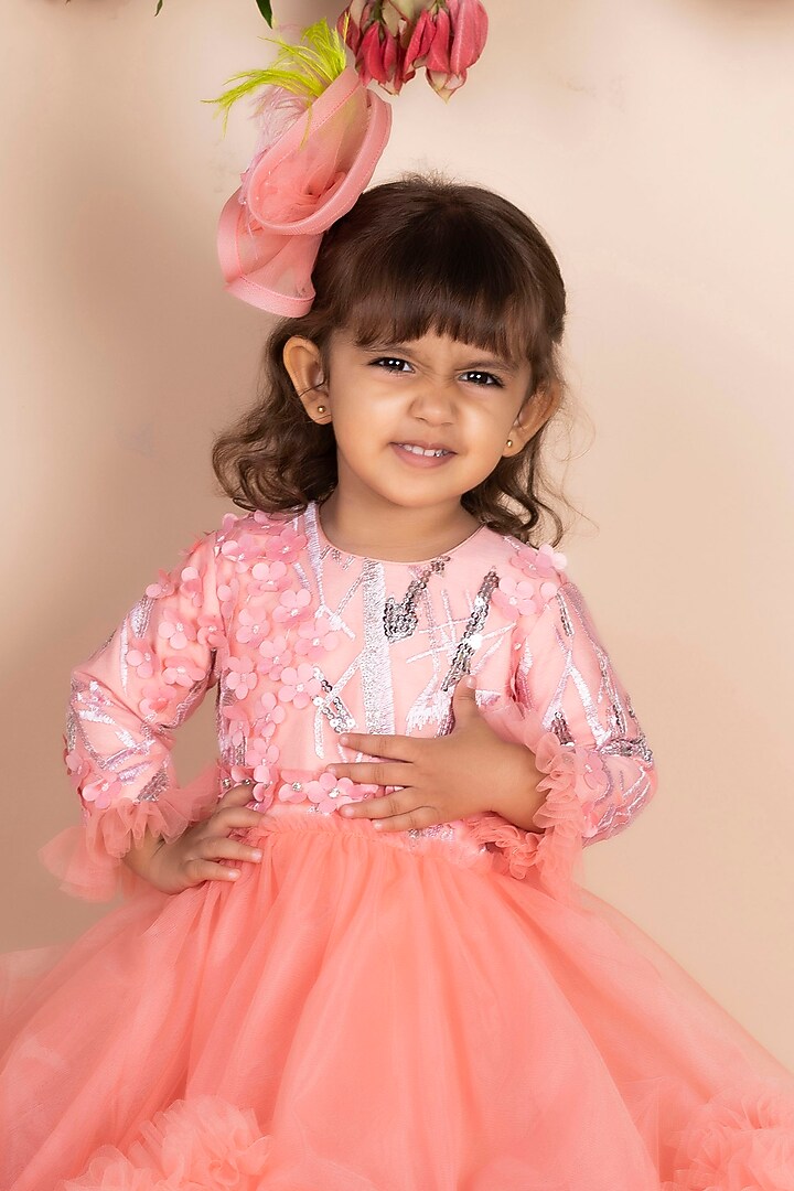 Peach & Green Net Ruffled Gown For Girls by Li'l Angels at Pernia's Pop Up Shop