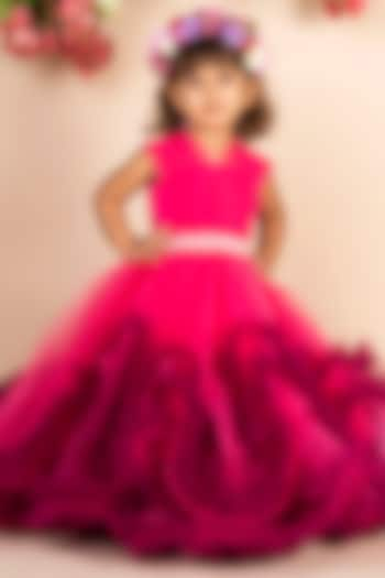 Hot Pink & Wine Net Trail Gown For Girls by Li'l Angels at Pernia's Pop Up Shop