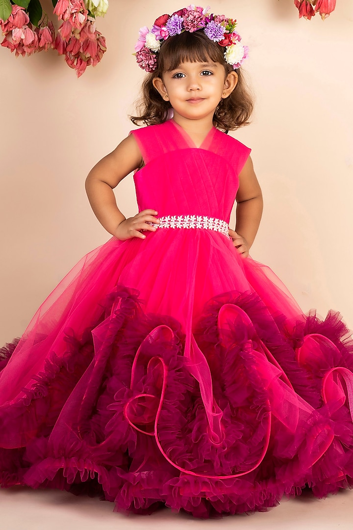 Hot Pink & Wine Net Trail Gown For Girls by Li'l Angels at Pernia's Pop Up Shop