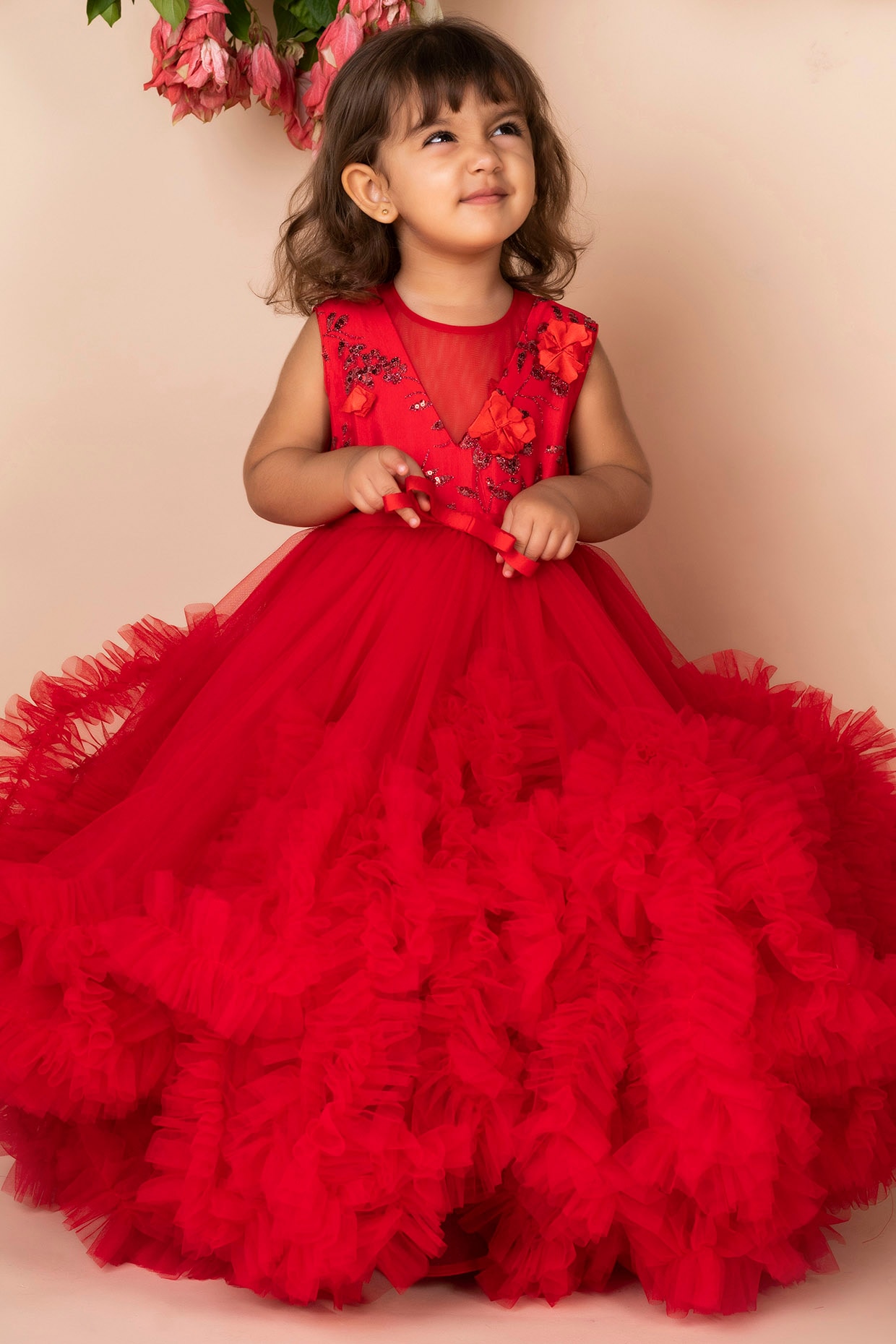 Red 3D Flower Ruffled Gown - Babeehive