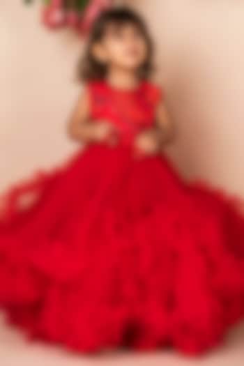 Red Net Ruffled Gown For Girls by Li'l Angels