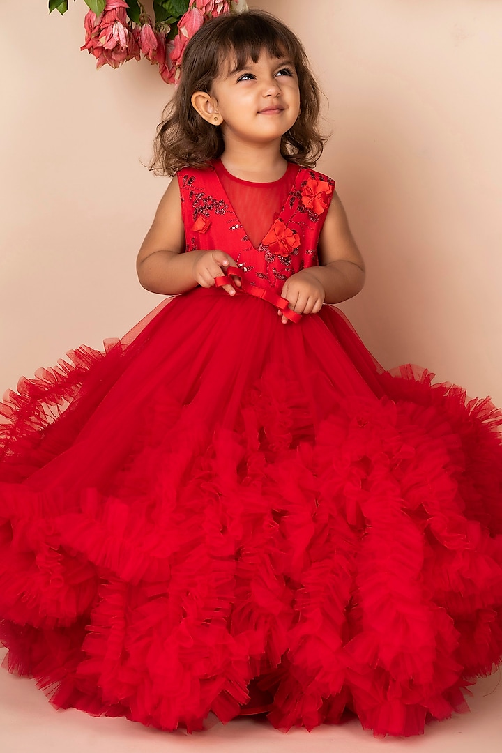 Red Net Ruffled Gown For Girls by Li'l Angels