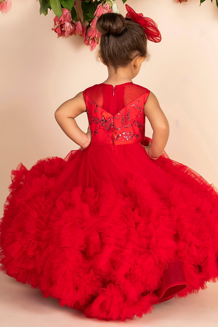 Red Net Ruffled Gown For Girls by Li'l Angels at Pernia's Pop Up Shop