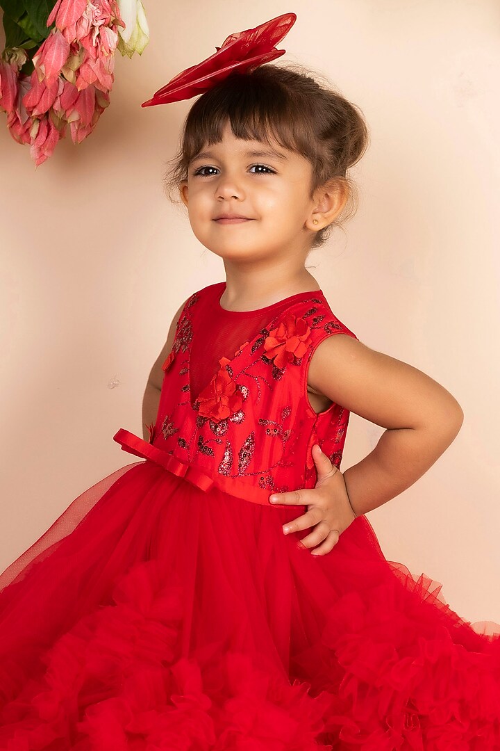 Red Net Ruffled Gown For Girls by Li'l Angels at Pernia's Pop Up Shop