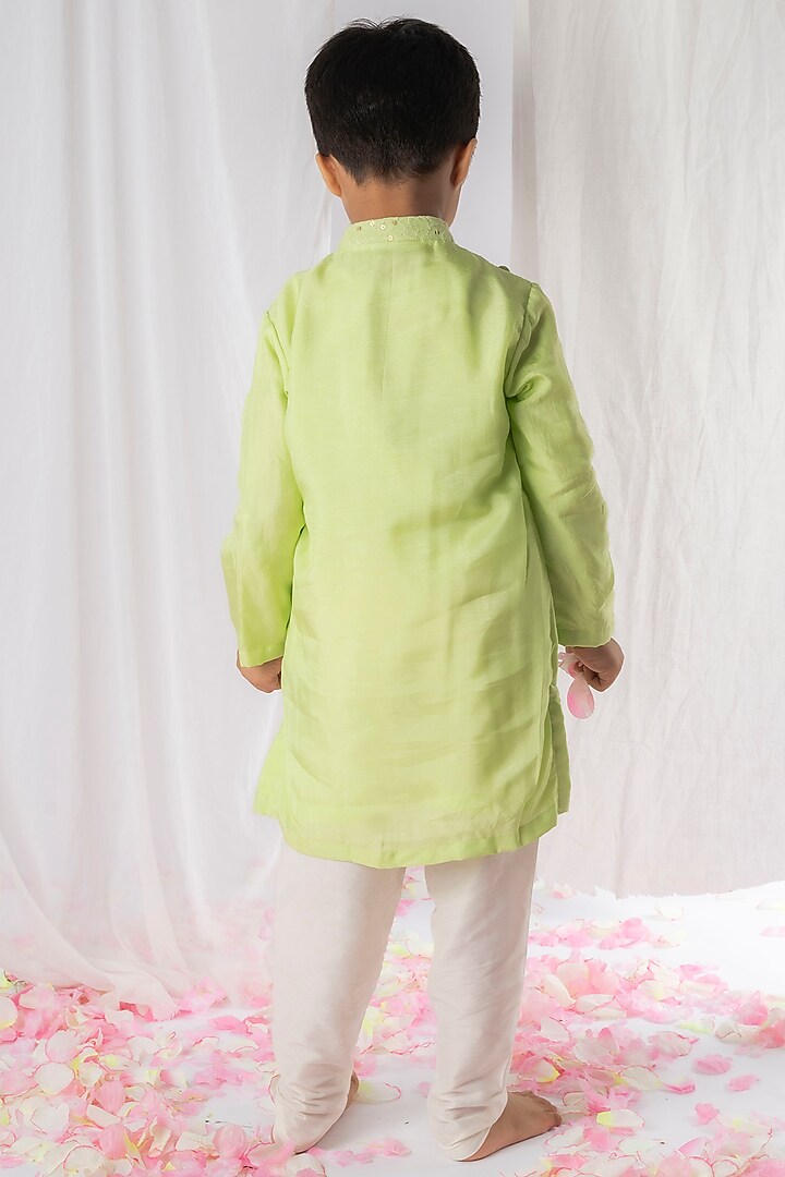 Green Chikankari Kurta Set For Boys by Li'l Angels at Pernia's Pop Up Shop