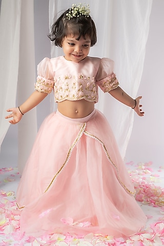 Pink Embroidered Lehenga Set For Girls by Li'l Angels