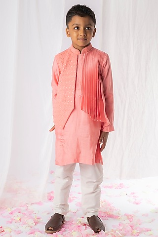 Peach Chikankari Kurta Set For Boys by Li'l Angels