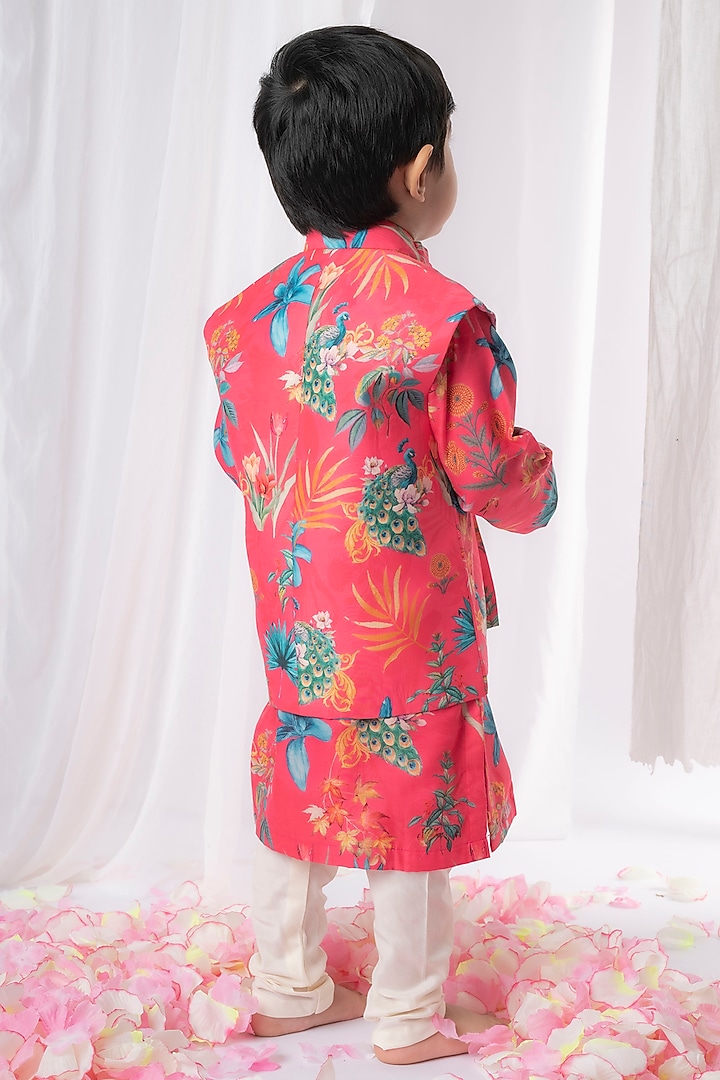 Pink Printed Bundi Jacket With Kurta Set For Boys by Li'l Angels at Pernia's Pop Up Shop