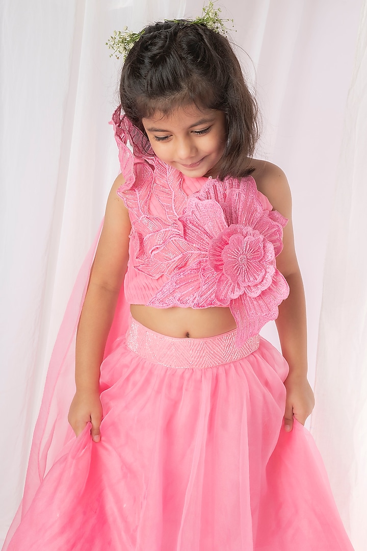 Pink Organza & Dupion Silk Lehenga Set For Girls by Li'l Angels at Pernia's Pop Up Shop