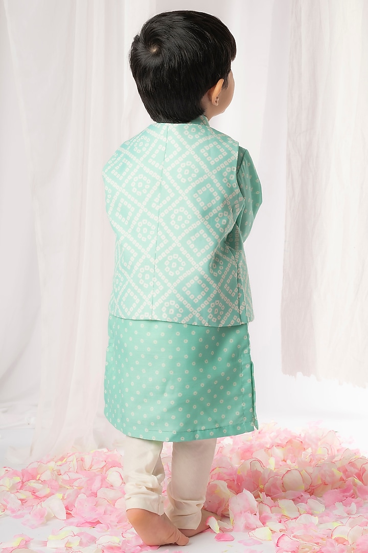 Green Printed Bundi Jacket With Kurta Set For Boys by Li'l Angels at Pernia's Pop Up Shop