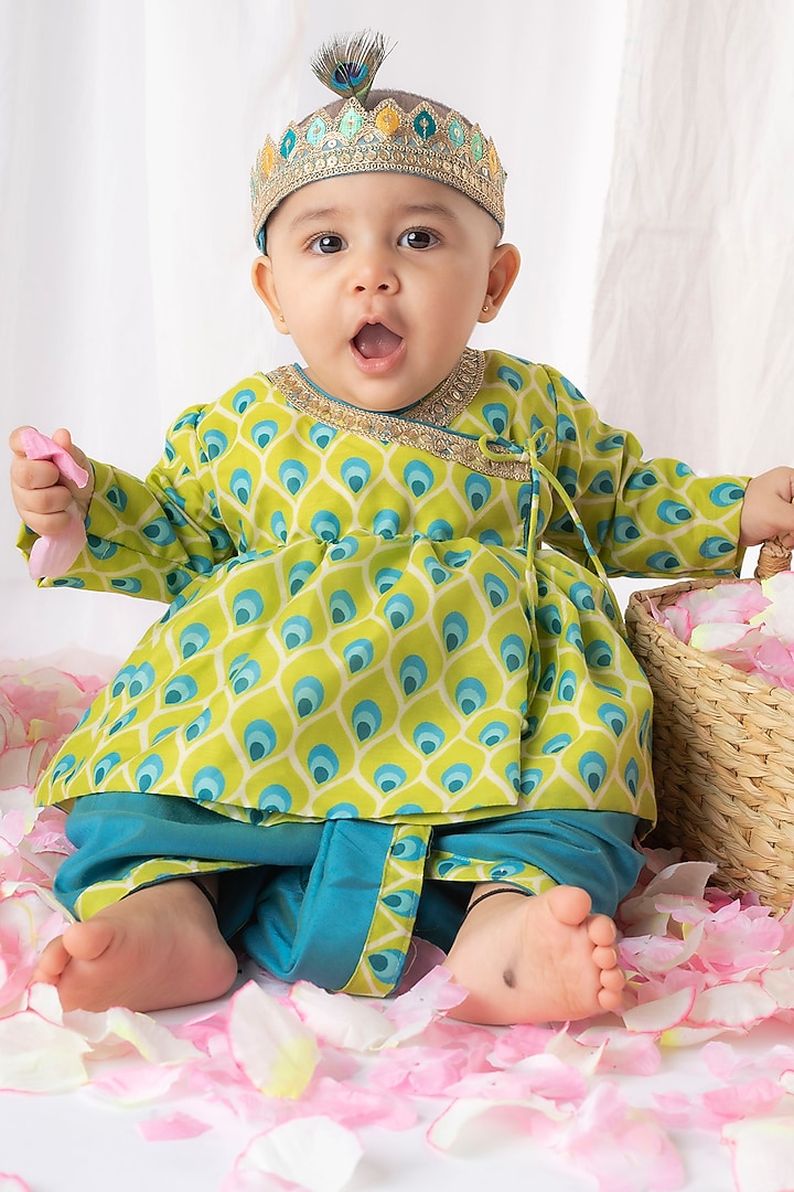 Green Cotton Printed Jamna Kurta Set For Boys by Li'l Angels at Pernia's Pop Up Shop