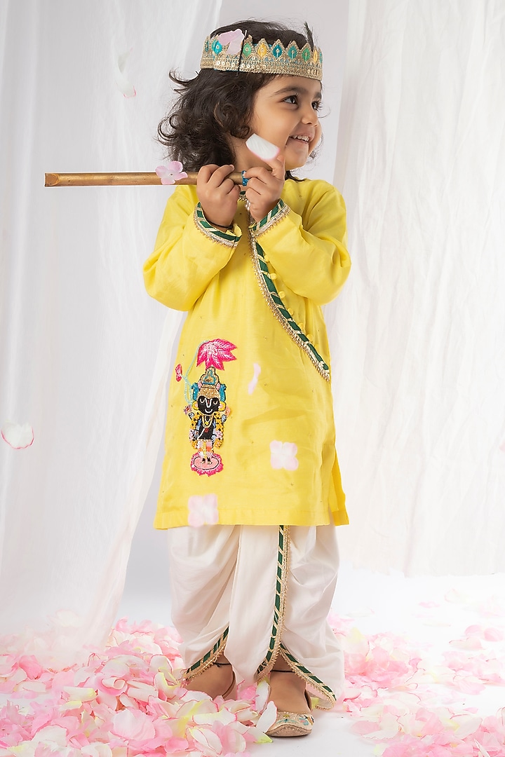 Yellow Silk Jamna Kurta Set For Boys by Li'l Angels at Pernia's Pop Up Shop