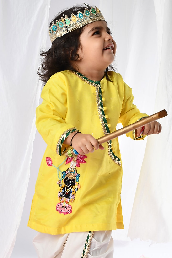 Yellow Silk Jamna Kurta Set For Boys by Li'l Angels at Pernia's Pop Up Shop