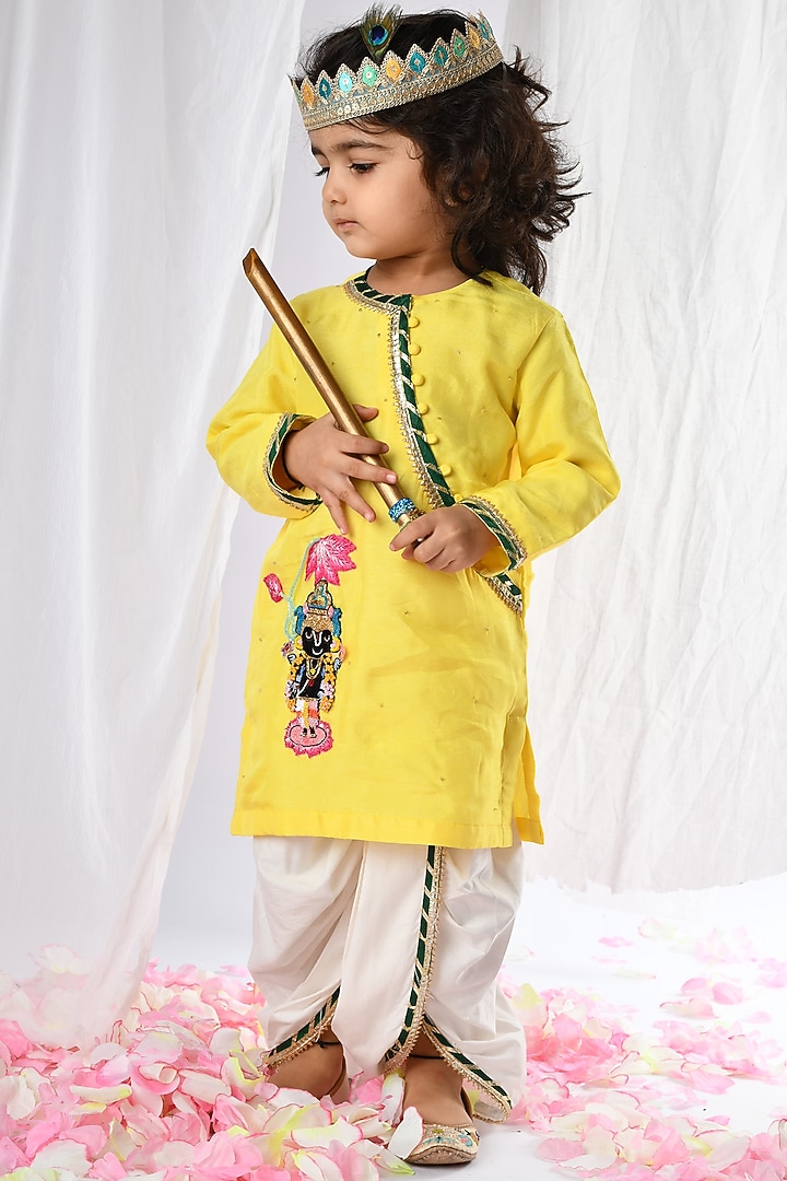 Yellow Silk Jamna Kurta Set For Boys by Li'l Angels at Pernia's Pop Up Shop