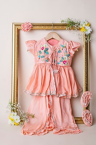 Peach Floral Angrakha Kurta Set For Girls by Li'l Angels