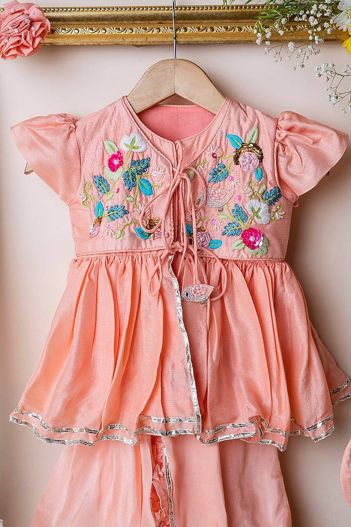 Peach Floral Angrakha Kurta Set For Girls by Li'l Angels at Pernia's Pop Up Shop
