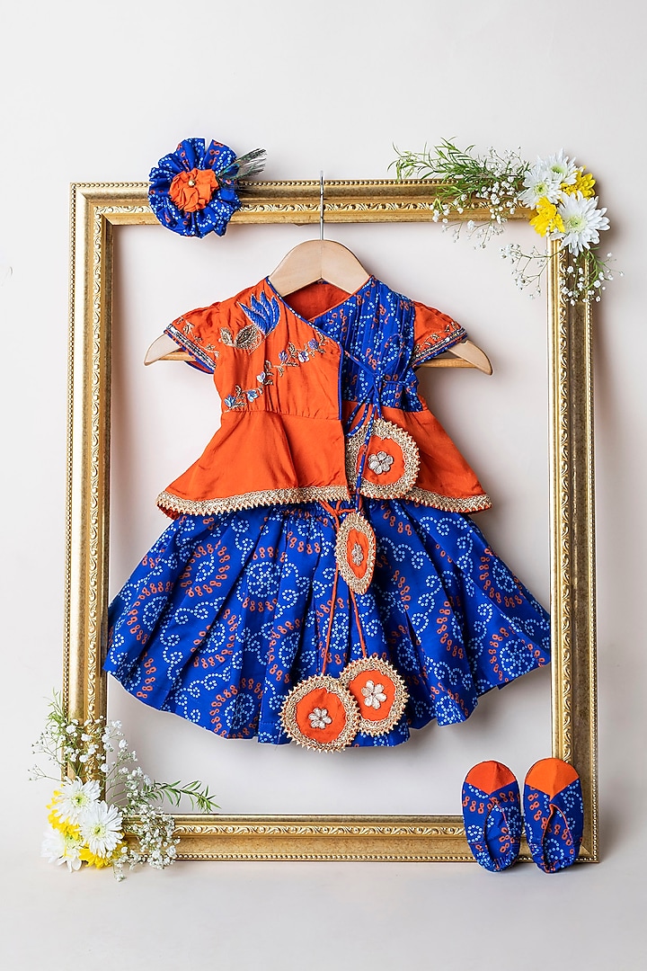 Orange & Blue Printed Lehenga Set For Girls by Li'l Angels