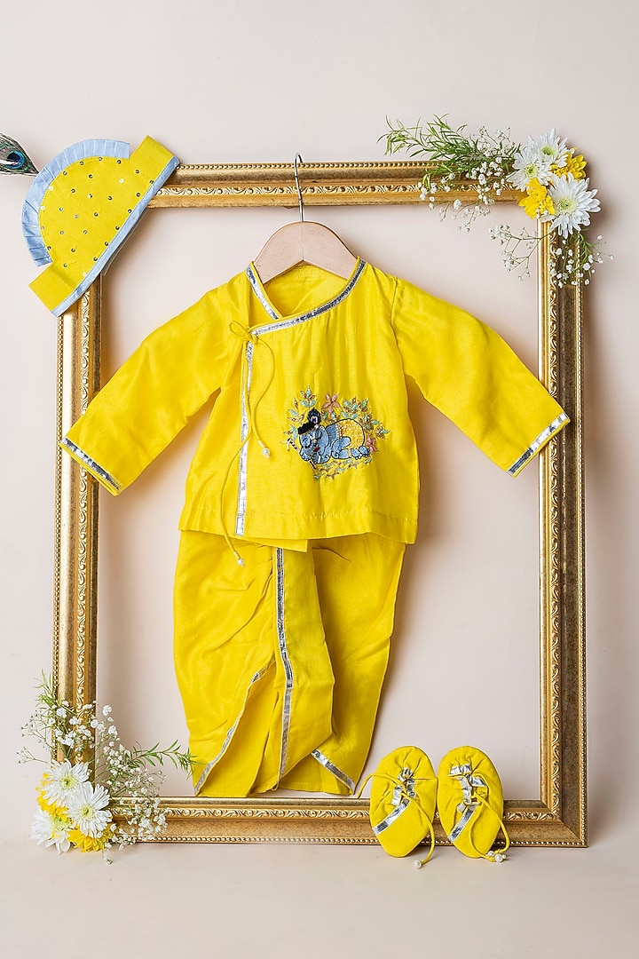 Yellow Silk Angrakha Kurta Set For Boys by Li'l Angels at Pernia's Pop Up Shop