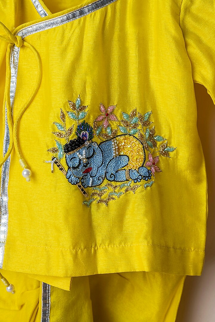 Yellow Silk Angrakha Kurta Set For Boys by Li'l Angels at Pernia's Pop Up Shop