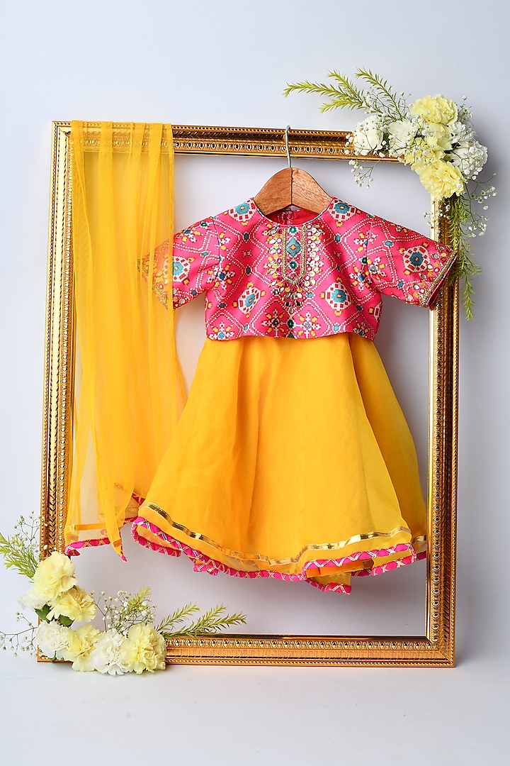 Yellow Roman Silk Lehenga Set For Girls by Li'l Angels