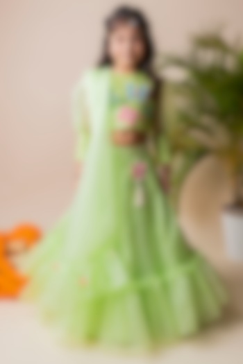Green Organza Lehenga Set For Girls by Li'l Angels at Pernia's Pop Up Shop