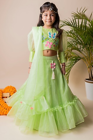 Green Organza Lehenga Set For Girls by Li'l Angels