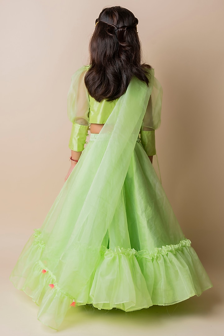 Green Organza Lehenga Set For Girls by Li'l Angels at Pernia's Pop Up Shop