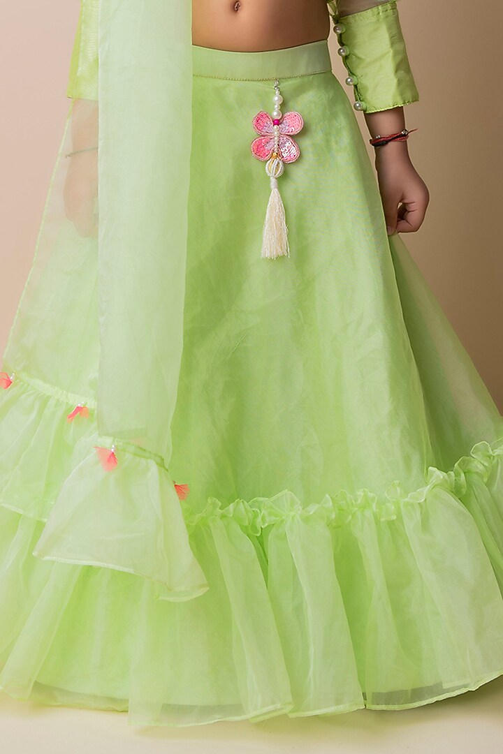 Green Organza Lehenga Set For Girls by Li'l Angels at Pernia's Pop Up Shop
