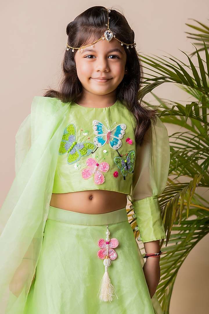 Green Organza Lehenga Set For Girls by Li'l Angels at Pernia's Pop Up Shop