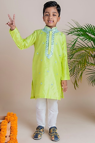 Green Silk Kurta Set For Boys by Li'l Angels