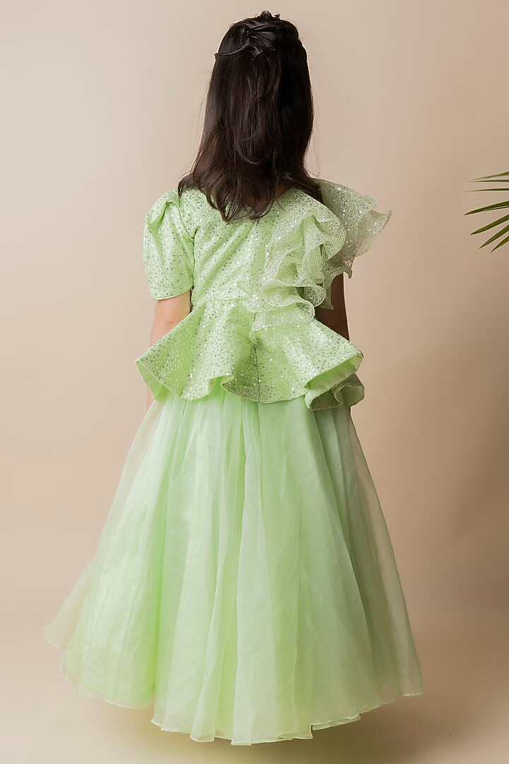 Green Lehenga Set In Organza For Girls by Li'l Angels at Pernia's Pop Up Shop