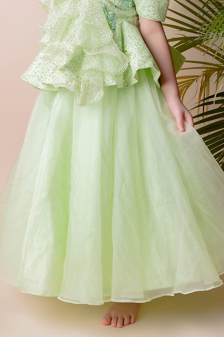 Green Lehenga Set In Organza For Girls by Li'l Angels at Pernia's Pop Up Shop
