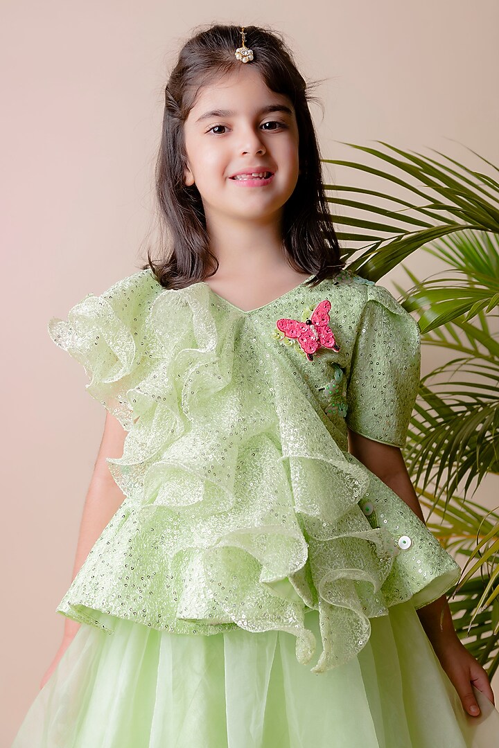 Green Lehenga Set In Organza For Girls by Li'l Angels at Pernia's Pop Up Shop