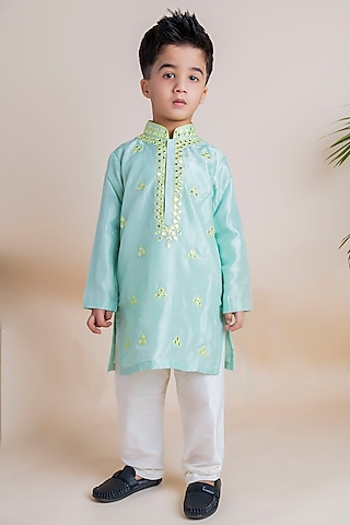 Blue Silk Kurta Set For Boys by Li'l Angels