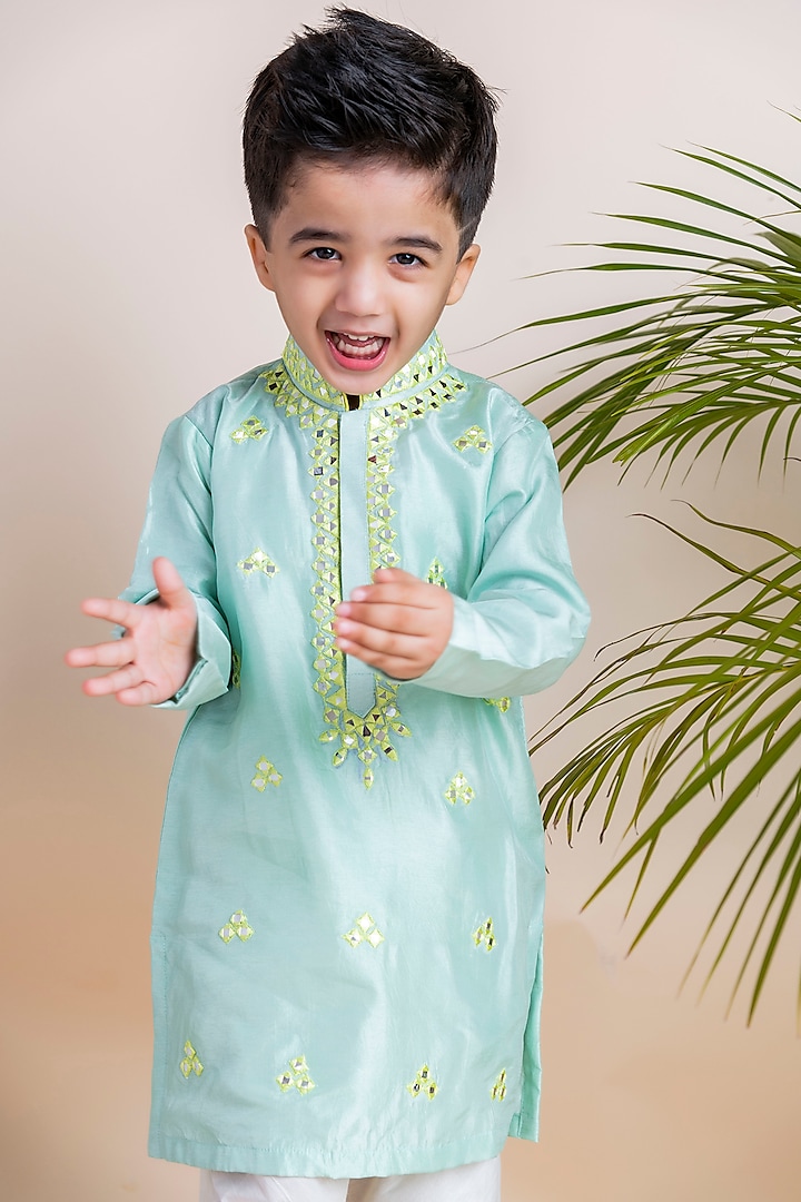 Blue Silk Kurta Set For Boys by Li'l Angels at Pernia's Pop Up Shop
