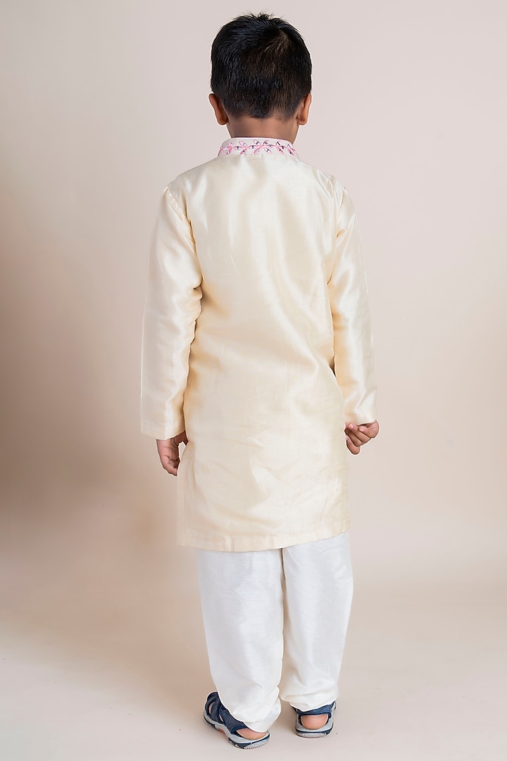 Beige Silk Kurta Set For Boys by Li'l Angels at Pernia's Pop Up Shop