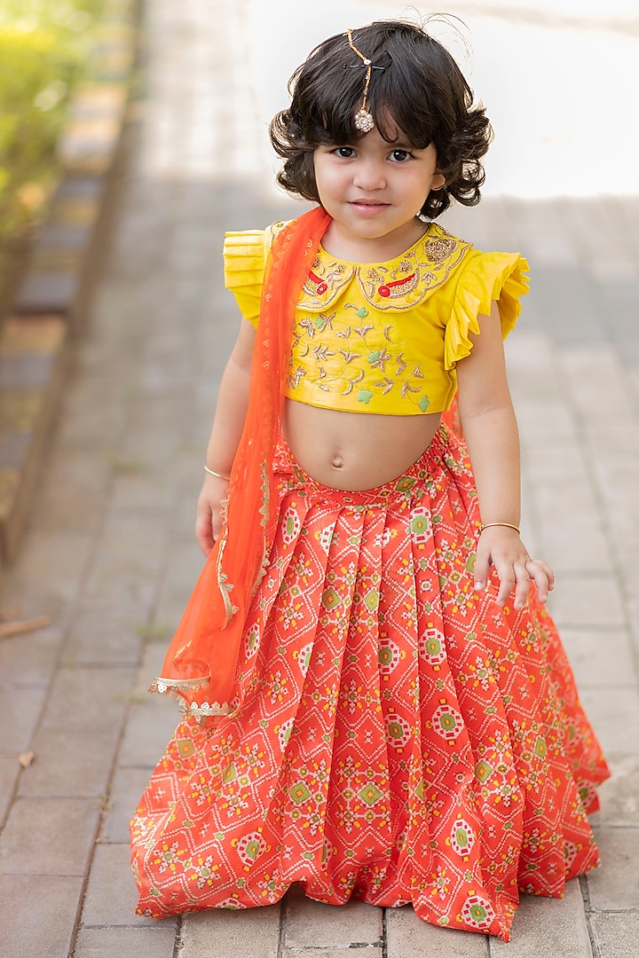 Orange Printed Lehenga Set For Girls by Li'l Angels