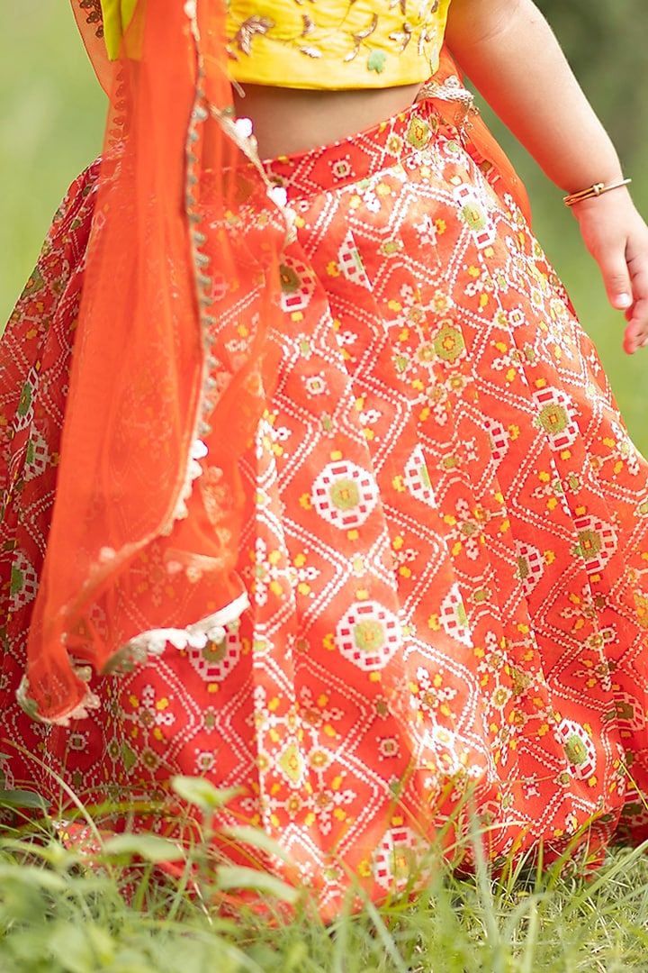 Orange Printed Lehenga Set For Girls by Li'l Angels at Pernia's Pop Up Shop