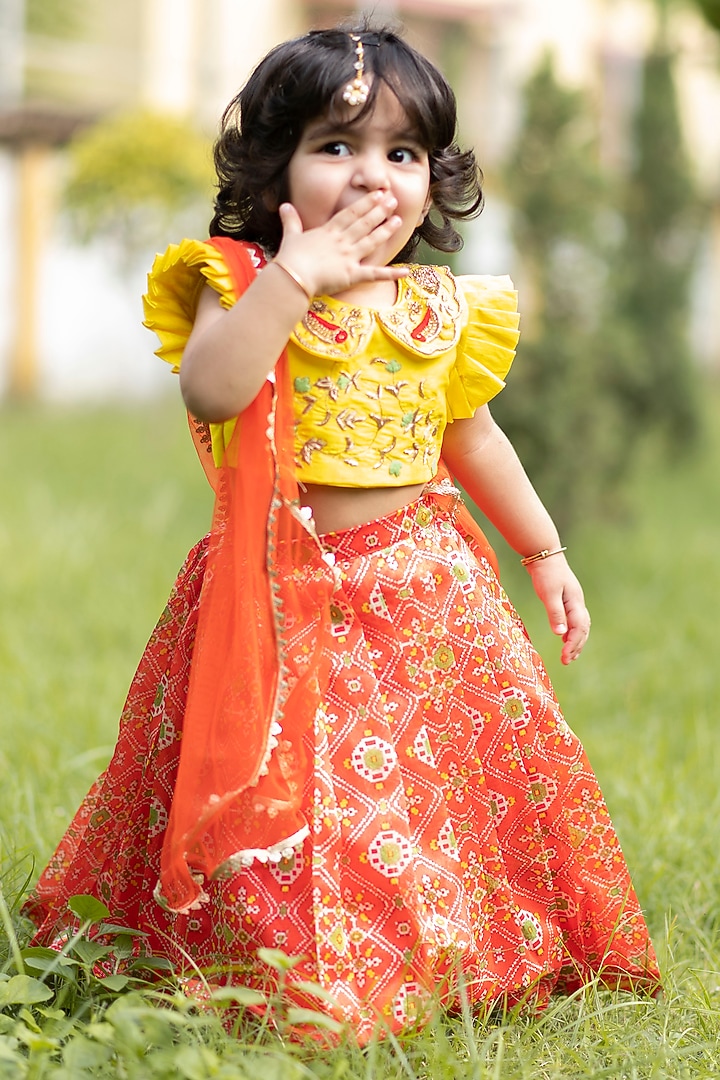 Orange Printed Lehenga Set For Girls by Li'l Angels at Pernia's Pop Up Shop
