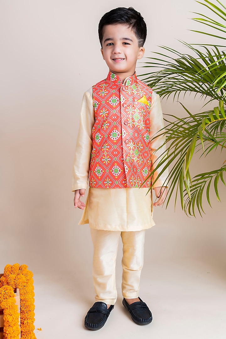 Orange Printed Nehru Jacket With Kurta Set For Boys by Li'l Angels