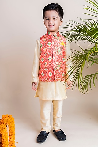Orange Printed Nehru Jacket With Kurta Set For Boys by Li'l Angels