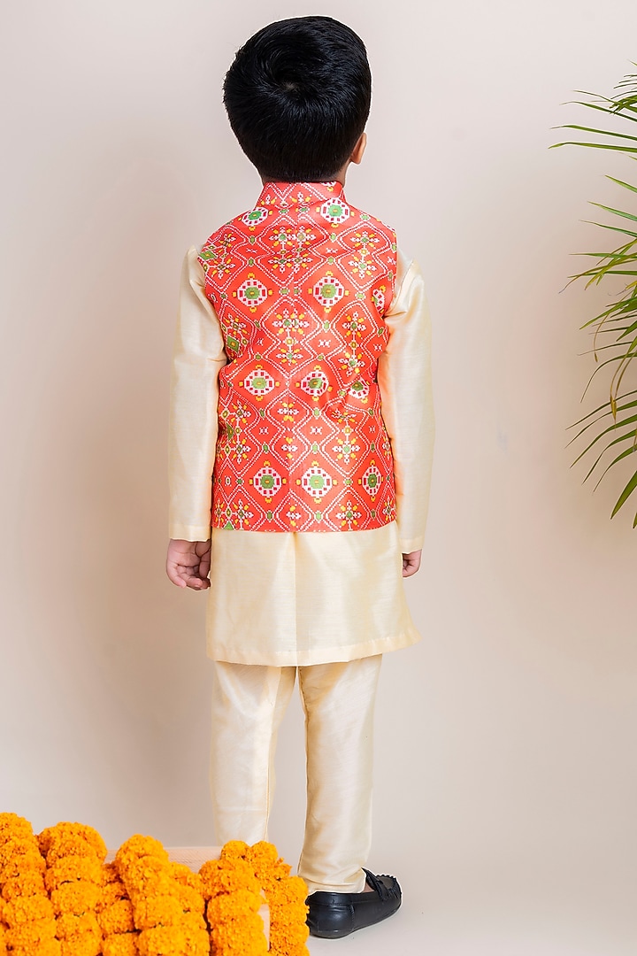 Orange Printed Nehru Jacket With Kurta Set For Boys by Li'l Angels at Pernia's Pop Up Shop