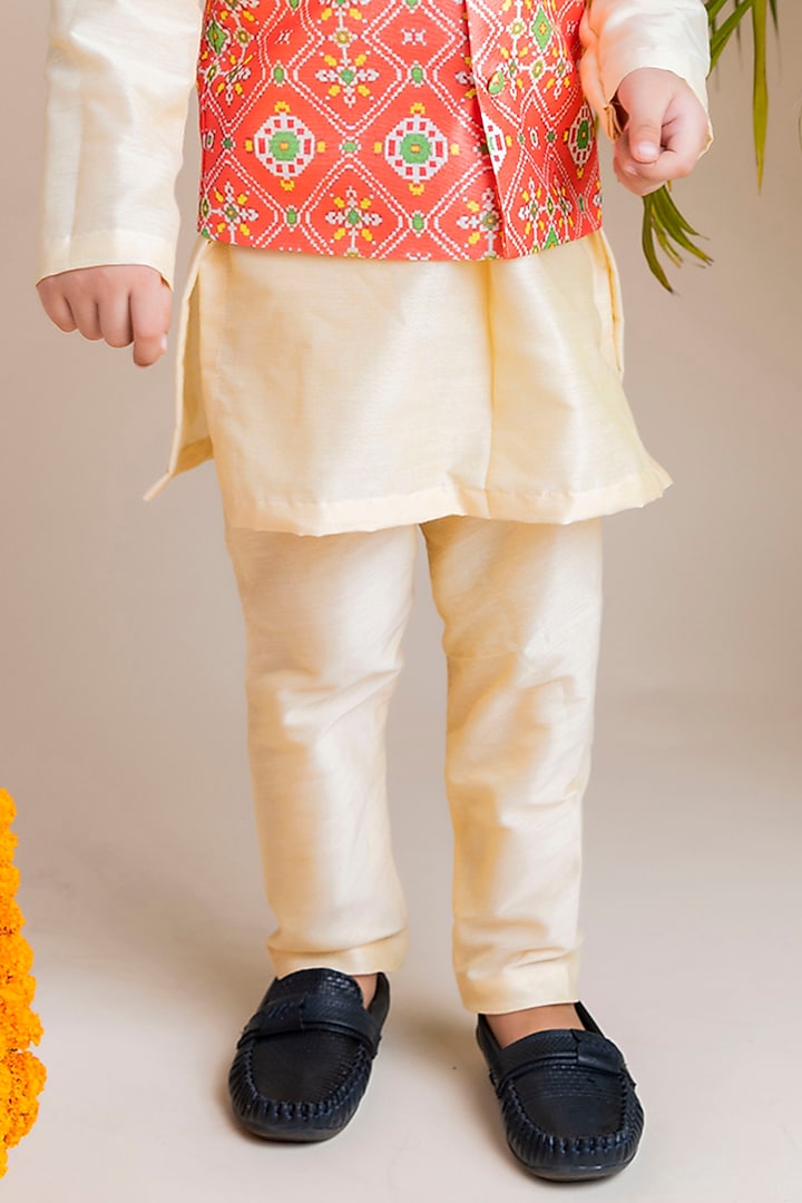 Orange Printed Nehru Jacket With Kurta Set For Boys by Li'l Angels at Pernia's Pop Up Shop