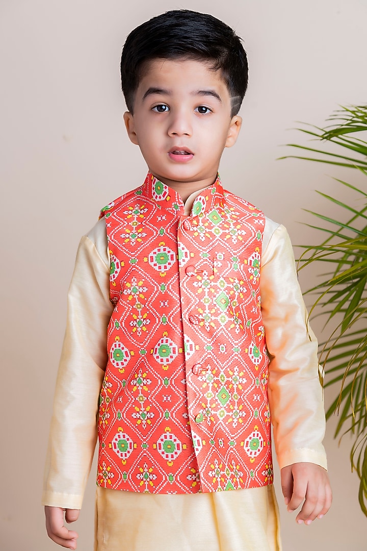 Orange Printed Nehru Jacket With Kurta Set For Boys by Li'l Angels at Pernia's Pop Up Shop