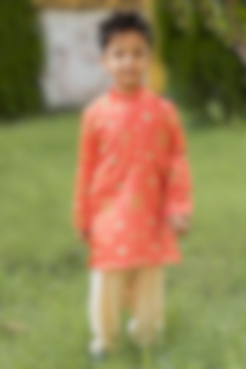 Orange Printed Kurta Set For Boys by Li'l Angels