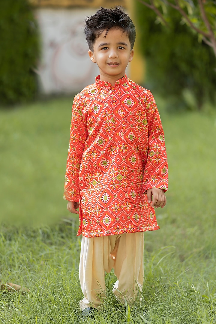 Orange Printed Kurta Set For Boys by Li'l Angels