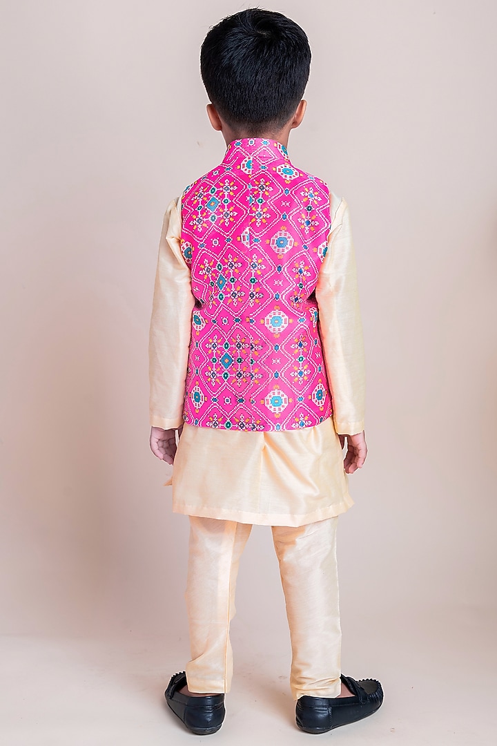 Pink Printed Nehru Jacket With Kurta Set For Boys by Li'l Angels at Pernia's Pop Up Shop