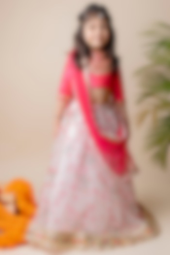 Pink Floral Printed Lehenga Set For Girls by Li'l Angels