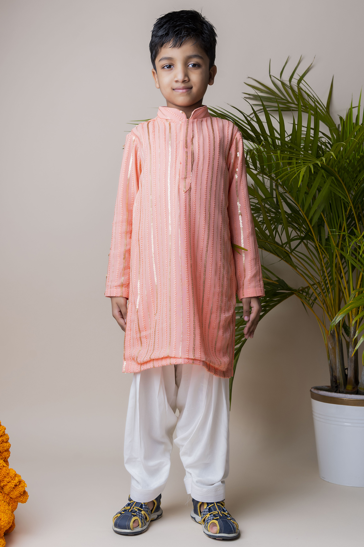 Pink Georgette Kurta Set For Boys by Li'l Angels